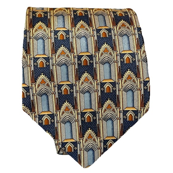 UNICEF Other - Vtg Unicef Silk Necktie Gothic Arches England Beige Navy USA Made